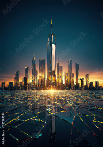 Futuristic Cityscape at Sunset with Modern Skyscrapers and Reflective Surfaces in Urban Landscape