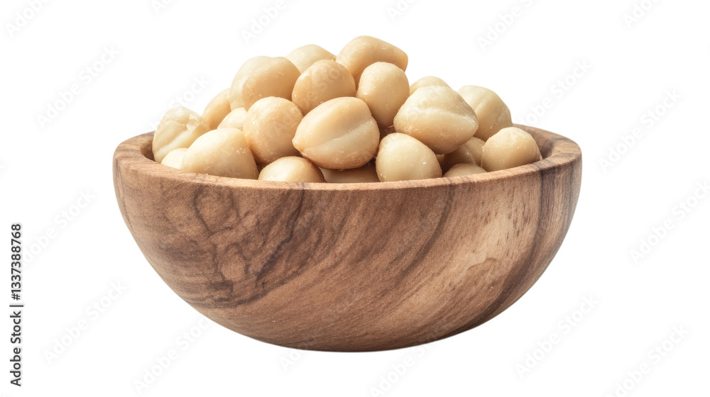 Macadamia nuts in a wooden bowl isolated on white background Macadamia nuts in a wooden bowl isolated on white background