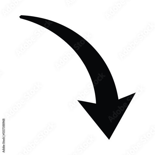 Free Download A bold, black curved arrow pointing downward to the right. The arrow has a thick, smooth stroke with a sharp arrowhead. It is set against a plain white background. silhouette vector illustration. - GFXLoad