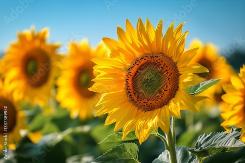 Vibrant Sunflowers Blooming Under Clear Blue Sky in a Vast Field During Brigh...