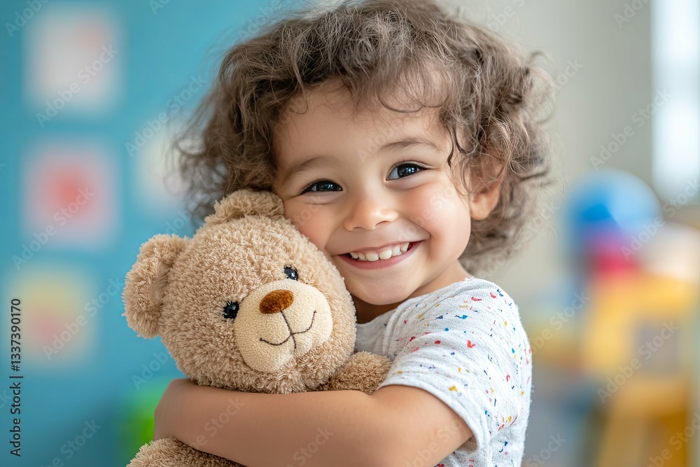 A happy child lovingly embraces a soft teddy bear with a warm smile A happy child lovingly embraces a soft teddy bear with a warm smile