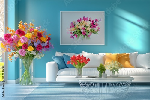 Bright Flowers in a Modern Living Room With Ample Natural Light Enhancing the...