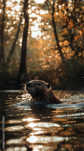 Otter Swimming in a Tranquil River During Golden Hour in Autumn Setting