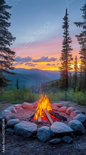 Campfire Glowing at Sunset Near Mountains in a Peaceful Forest Setting