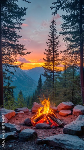 Campfire Glowing at Sunset Near Mountains in a Peaceful Forest Setting