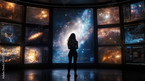 A person standing in front of multiple screens displaying images and data about the universe, in a dark room with a futuristic setting. 
