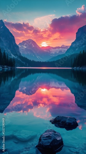 Majestic Sunset Over a Serene Lake Surrounded by Mountains and Trees