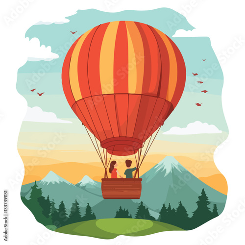 Romantic Couple Flying in Air Balloon Cartoon Vector Illustration