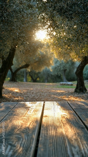 Beautiful Sunset Over an Olive Grove With a Wooden Table in the Foreground