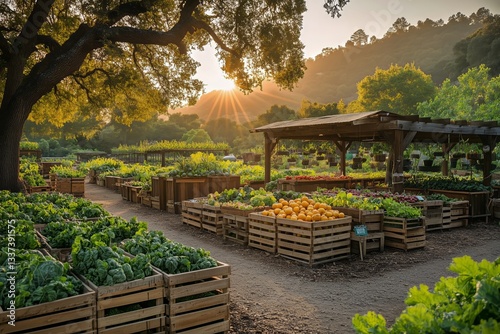Fresh Produce in Sunlit Indoor Garden With Wooden Crates and Vibrant Vegetables