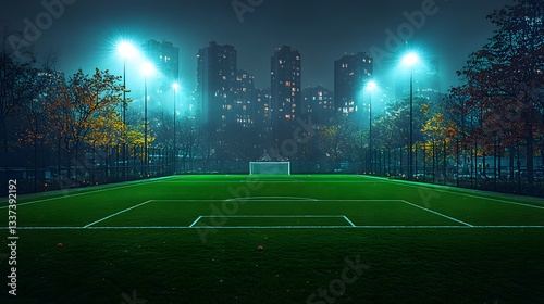 A small soccer field with artificial turf, lit by bright floodlights at night, with a city skyline in the distance.
