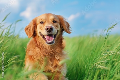 Happy Golden Retriever Running Through a Green Field on a Sunny Day