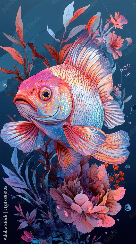 Fototapeta premium Vibrant illustration of a goldfish swimming amidst a profusion of flowers. The rich colors and intricate details create a captivating underwater scene.