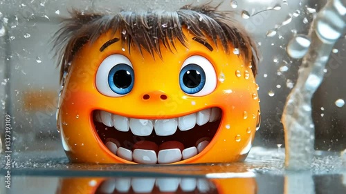 Joyful Orange Character Splashing in Water: A 3D Rendered Image