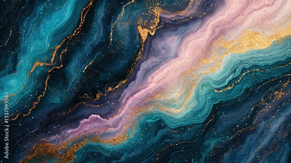 Abstract art featuring mesmerizing teal, pink, and gold swirls. A cosmic, dreamy aesthetic. Abstract art featuring mesmerizing teal, pink, and gold swirls. A cosmic, dreamy aesthetic.