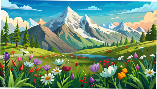 Field with flowering plants, herbs and flowers on Dombai in summer against the mountains with snow-capped peaks