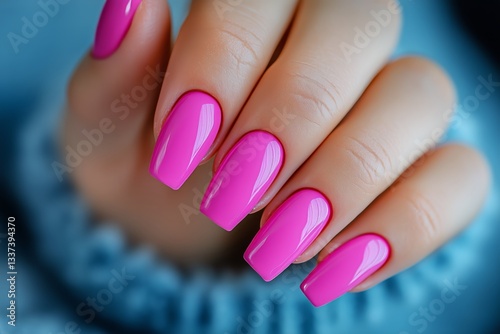 Vibrant Pink Manicure With Glossy Finish on Fingers Against Soft Blue Background