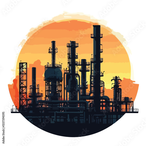 Oil Refinery at Sunset with Pipes and Pipes