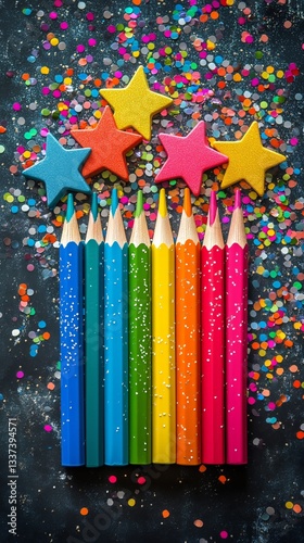 Colorful Pencils and Glitter Create a Vibrant Art Project Display on a Dark S...