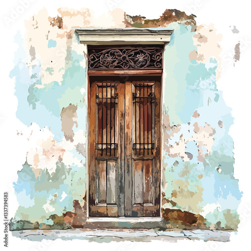 Vintage Wooden Door with Iron Grate Decoration