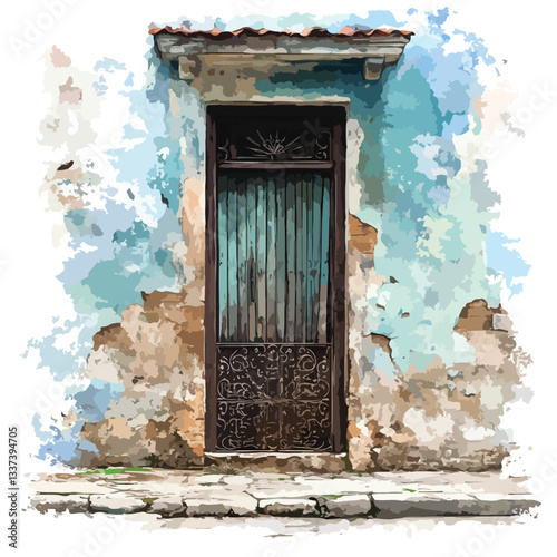 Vintage Wooden Door with Iron Grate Decoration