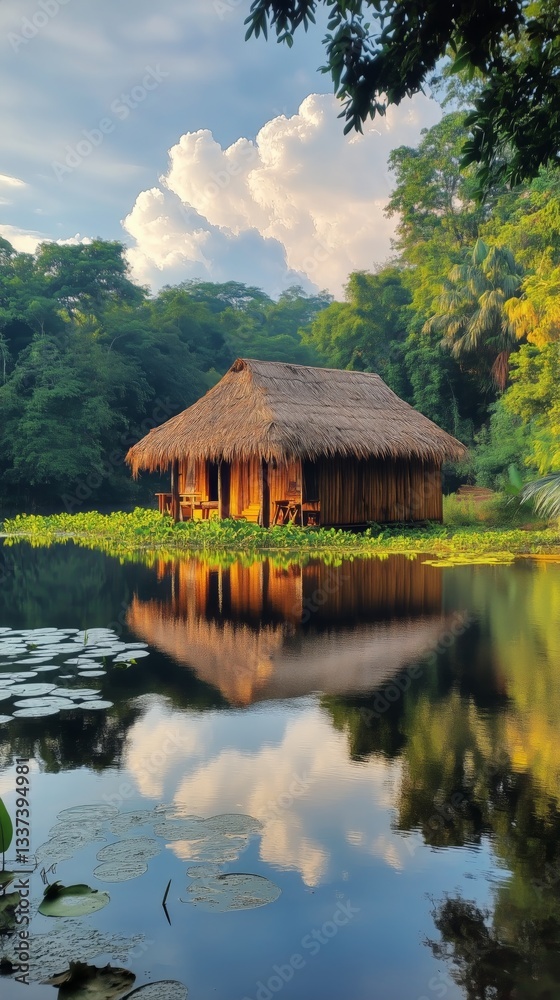 Obraz premium Serene Lakeside Hut Surrounded by Lush Green Mountains at Dawn