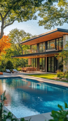 Modern Architectural Marvel Featuring Serene Poolside Retreat in a Lush Green...