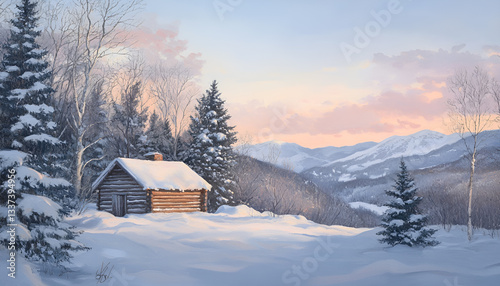 Tranquil winter scene with wooden chapel amidst snowy pine trees and mountains