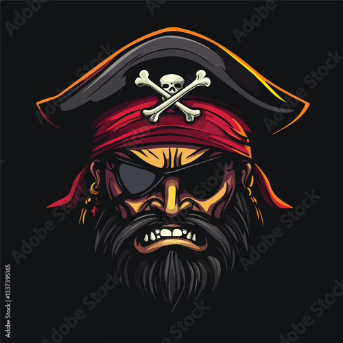 Angry Pirate Head with Hat and Eye Patch Illustration