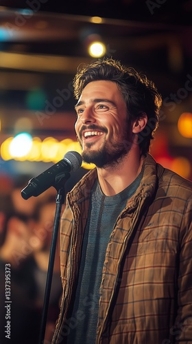 Singer Performs on Stage in a Lively Venue During an Evening Event