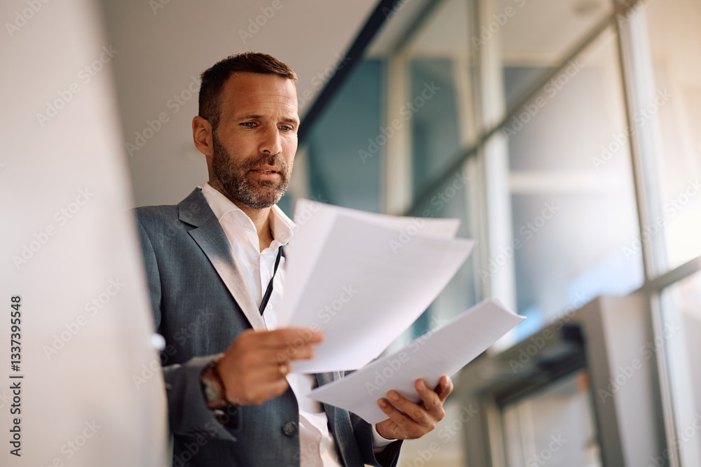 Below view of entrepreneur analyzing business reports in office. Below view of entrepreneur analyzing business reports in office.