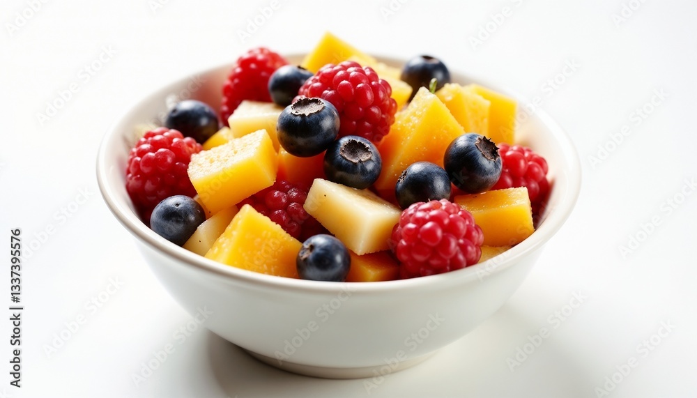 Colorful fruit salad with mango, berries, and blueberries in a bowl on a white background Colorful fruit salad with mango, berries, and blueberries in a bowl on a white background