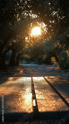 Beautiful Sunset Over an Olive Grove With a Wooden Table in the Foreground