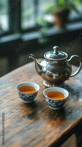 Sipping Tea From Traditional Cups Beside a Silver Teapot on a Wooden Table