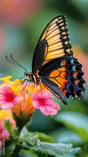 Colorful Butterfly Feeding on Blooming Flowers in a Lush Garden