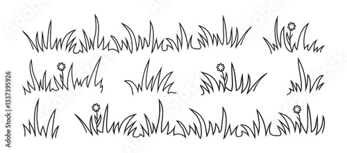 Grass line icon, meadow and flower doodle outline design, bush tuft sketch, small lawn pencil art, black plant isolated on white background. Thicket hand drawn ink border. Floral vector illustration