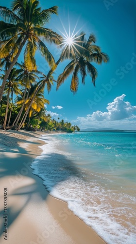 Sunshine on a Tranquil Beach With Gentle Waves and Palm Trees Near the Shore