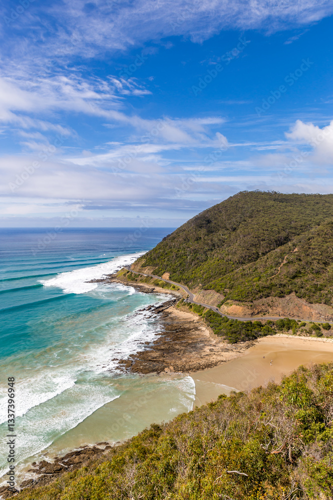 Stunning cliffs and rolling waves define this iconic landscape along the Great Ocean Road, showcasing nature’s beauty at Lorne in Victoria, Australia Stunning cliffs and rolling waves define this iconic landscape along the Great Ocean Road, showcasing nature’s beauty at Lorne in Victoria, Australia