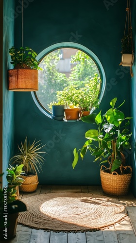 Sunlit Indoor Garden With Round Window and Various Potted Plants in a Cozy Nook