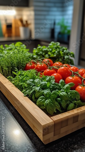 Freshly Harvested Tomatoes and Herbs Arranged on a Wooden Cutting Board in a ...