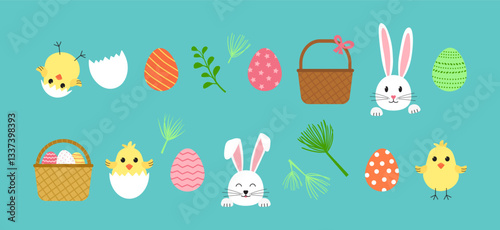 Easter bunnies head, chick, rabbit ear, eggs and basket, flower. Cute animal character, cartoon egg hunt, funny spring set on blue background. Holiday vector illustration