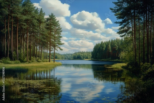 Serene Lake Reflecting Sky Surrounded by Lush Pine Forests in Daylight