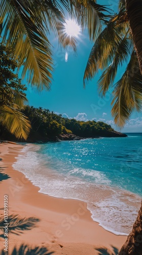 Sunshine on a Tranquil Beach With Gentle Waves and Palm Trees Near the Shore