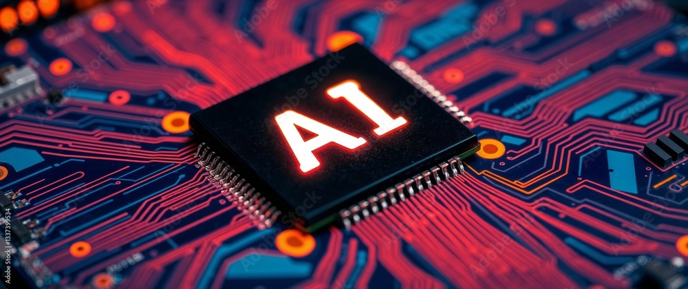 Futuristic artificial intelligence semiconductor on a motherboard. Generative AI