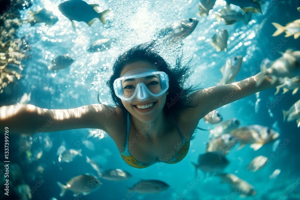 Naklejka premium Tropical fish and coral reefs. Bright commercial style image. Underwater paradise discovery. Coral reef tourism. Stress-free holiday experience. A dense school of silver fish swims next to her.