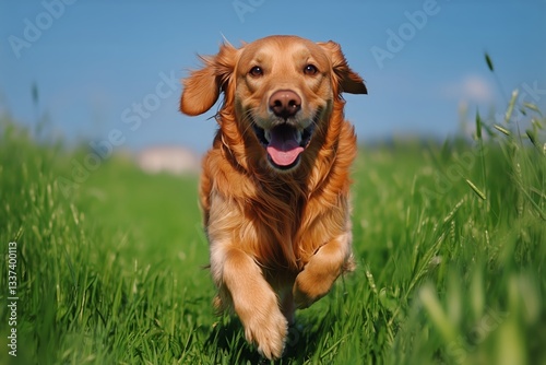 Happy Golden Retriever Running Through a Green Field on a Sunny Day