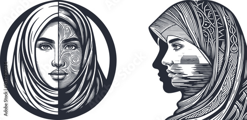 Set A Muslim Woman's Portrait with Lower Half Reflecting a Different Version, Showcasing Dual Perspectives and Inner Transformation