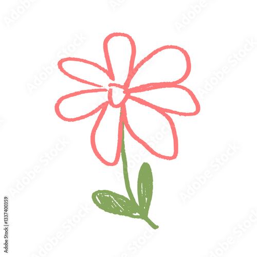 Echinacea flower crayon drawn. Spring plant doodle isolated on white background. Summer floral kids element. Chalk or pastel style childish scrawl wildflower shape. Vector naive illustration by pencil