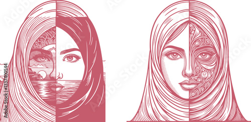 Set A Muslim Woman's Portrait with Lower Half Reflecting a Different Version, Showcasing Dual Perspectives and Inner Transformation muslim woman, reflective portrait, time and change, patience symbol
