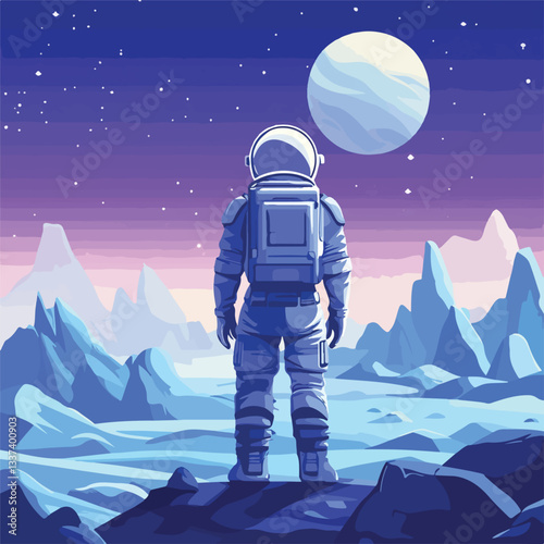 Astronaut in Spacesuit Standing with Back Turned in Helmet